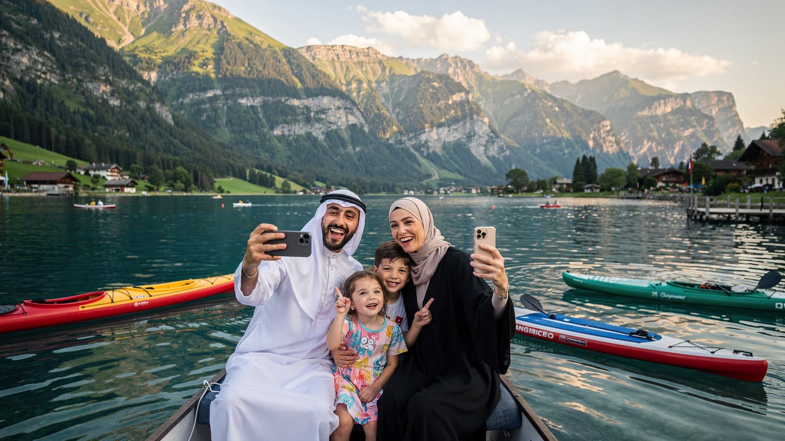 عائلة خليجية سعيدة تلتقط صور سيلفي بهاتف ذكي بشريحة eSIM أثناء التجديف في بحيرة هادئة في جبال الألب النمساوية، مع قوارب الكاياك الملونة والجبال الخضراء في الخلفية تحت سماء صافية.