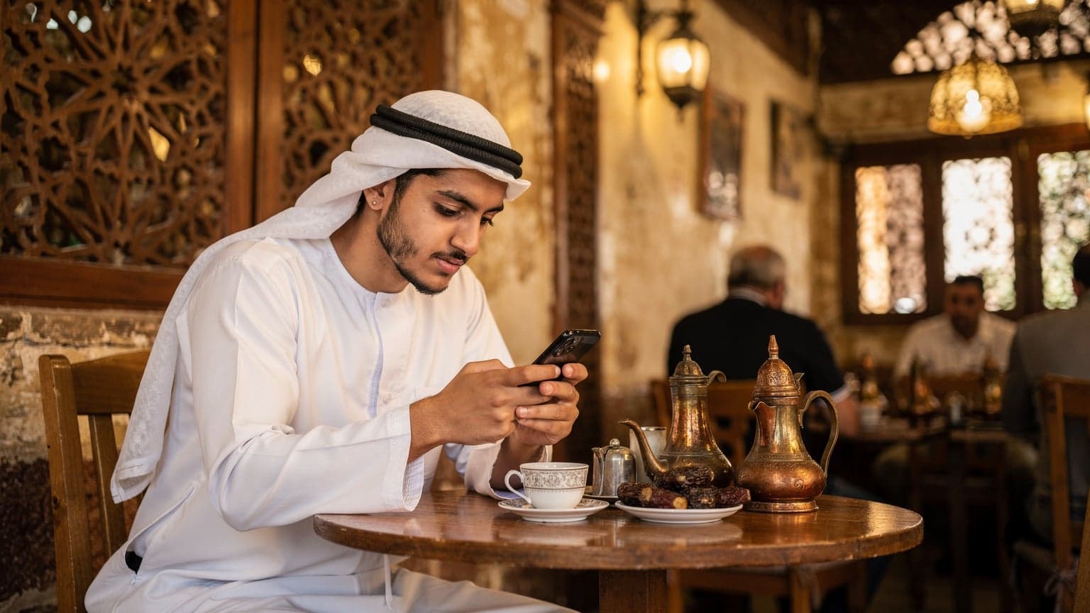 شاب عربي يرتدي غترة وعقال، يجلس في مقهى تقليدي بجدة ويستخدم هاتفه الذكي للتحقق من إعدادات الشبكة.