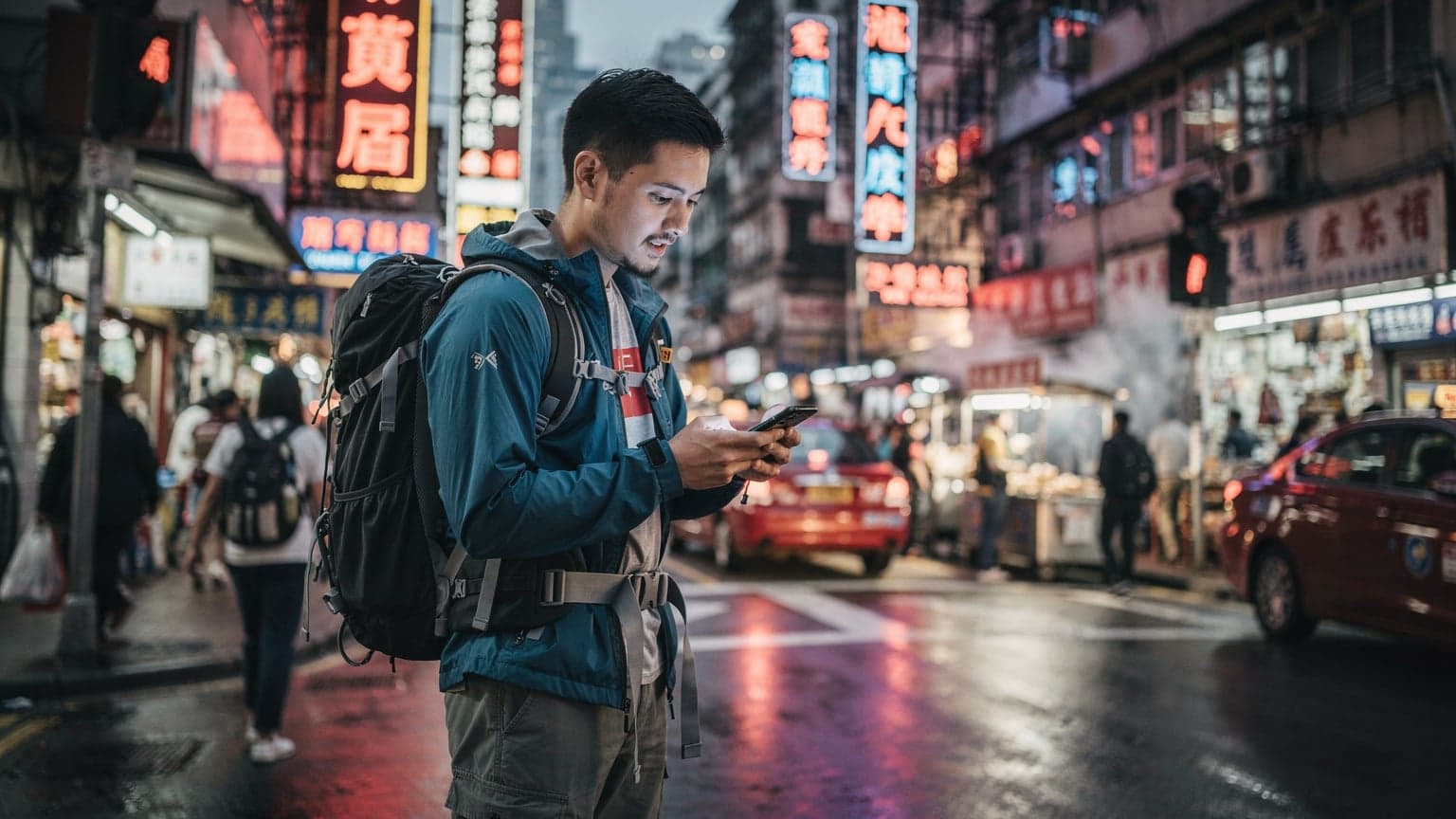 一名中国大陆背包客在香港旺角街头,手持智能手机查询eSIM年卡信息,背景是繁忙的霓虹灯招牌和穿着休闲的行人。