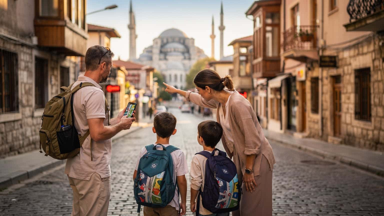 Una familia, con dos niños pequeños, mira hacia la Mezquita Azul en Estambul, Turquía, mientras un padre sostiene su teléfono con una aplicación de mapas abierta.