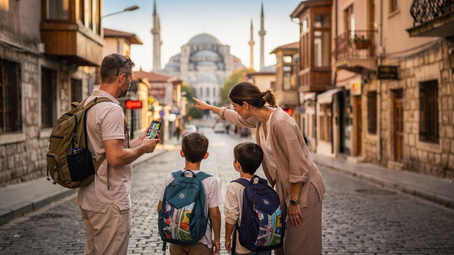 Una familia, con dos niños pequeños, mira hacia la Mezquita Azul en Estambul, Turquía, mientras un padre sostiene su teléfono con una aplicación de mapas abierta.