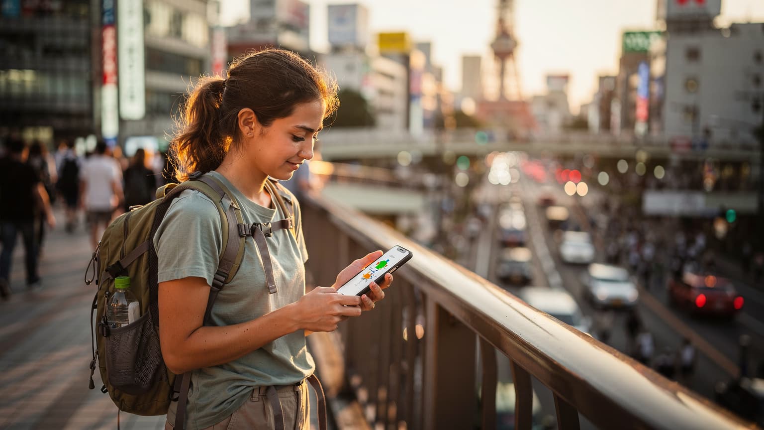 Seorang backpacker muda perempuan sedang melihat peta digital di ponselnya yang menampilkan rute di pusat kota Tokyo, dengan Menara Tokyo terlihat samar di latar belakang, di bawah langit senja keemasan.