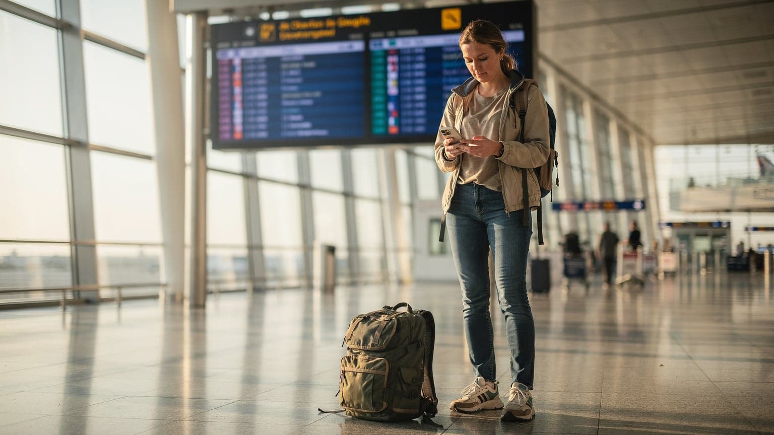Une voyageuse française, sac à dos à ses pieds, consulte son téléphone avec une expression de satisfaction devant le tableau des départs à l'aéroport de Paris Charles de Gaulle un matin d'hiver, la lumière du soleil filtrant par les grandes baies vitrées.