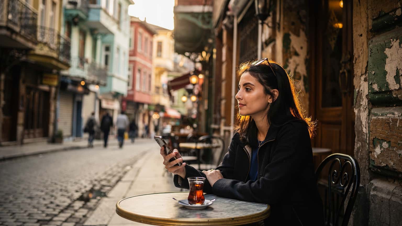 Eine junge Frau sitzt entspannt in einem traditionellen türkischen Café in Istanbul, hält ihr Smartphone in der Hand und schaut auf die Straße. Im Hintergrund sind historische Gebäude und geschäftiges Treiben zu sehen.