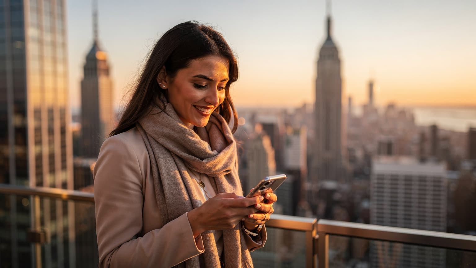 Una viaggiatrice sorride mentre naviga sul suo smartphone, con lo skyline di New York City, incluso l'Empire State Building, sfocato sullo sfondo durante il tramonto.