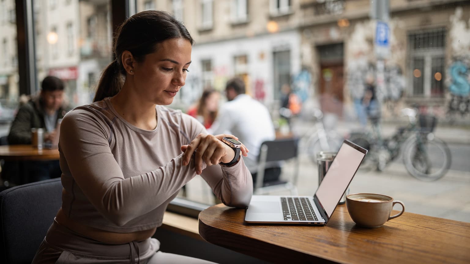 Eine Frau in ihren frühen 30ern, sportlich gekleidet, blickt auf ihre Apple Watch Ultra 2 während sie in einem belebten Café in Berlin-Mitte sitzt, mit einer Tasse Kaffee vor sich und dem Laptop daneben, im Hintergrund unscharf erkennbar sind andere Gäste und die typische Berliner Architektur.