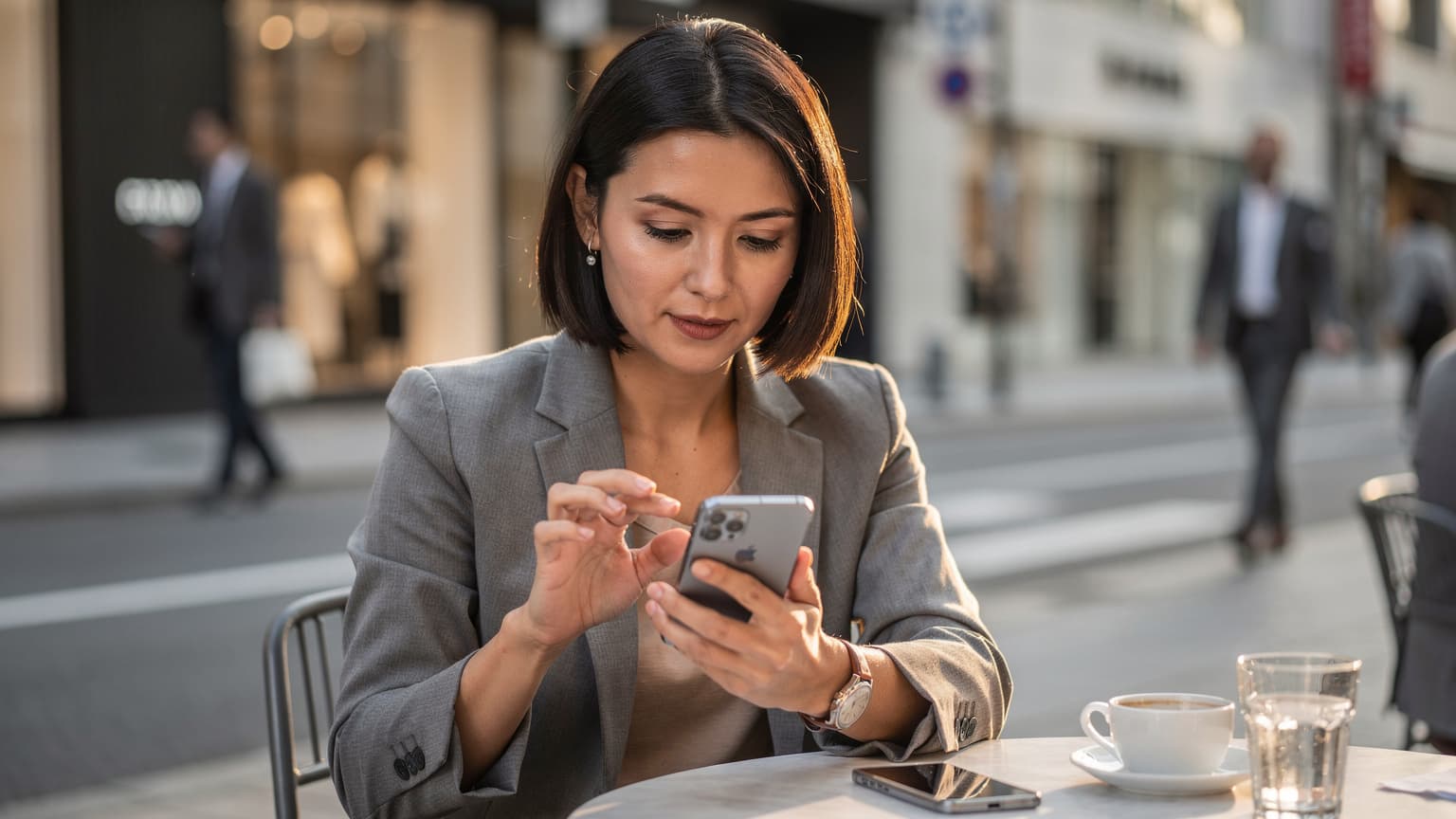 A woman confidently navigating her smartphone to check network settings while sitting at a bustling outdoor cafe in the Ginza district of Tokyo, with high-rise buildings and neon signs blurred in the background.