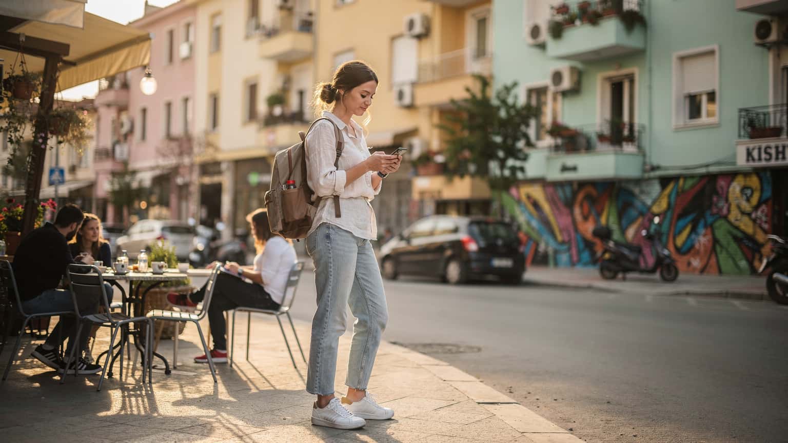 En ung kvinde navigerer på sin smartphone foran den farverige arkitektur i Blloku, Tirana, med en kaffe i hånden.