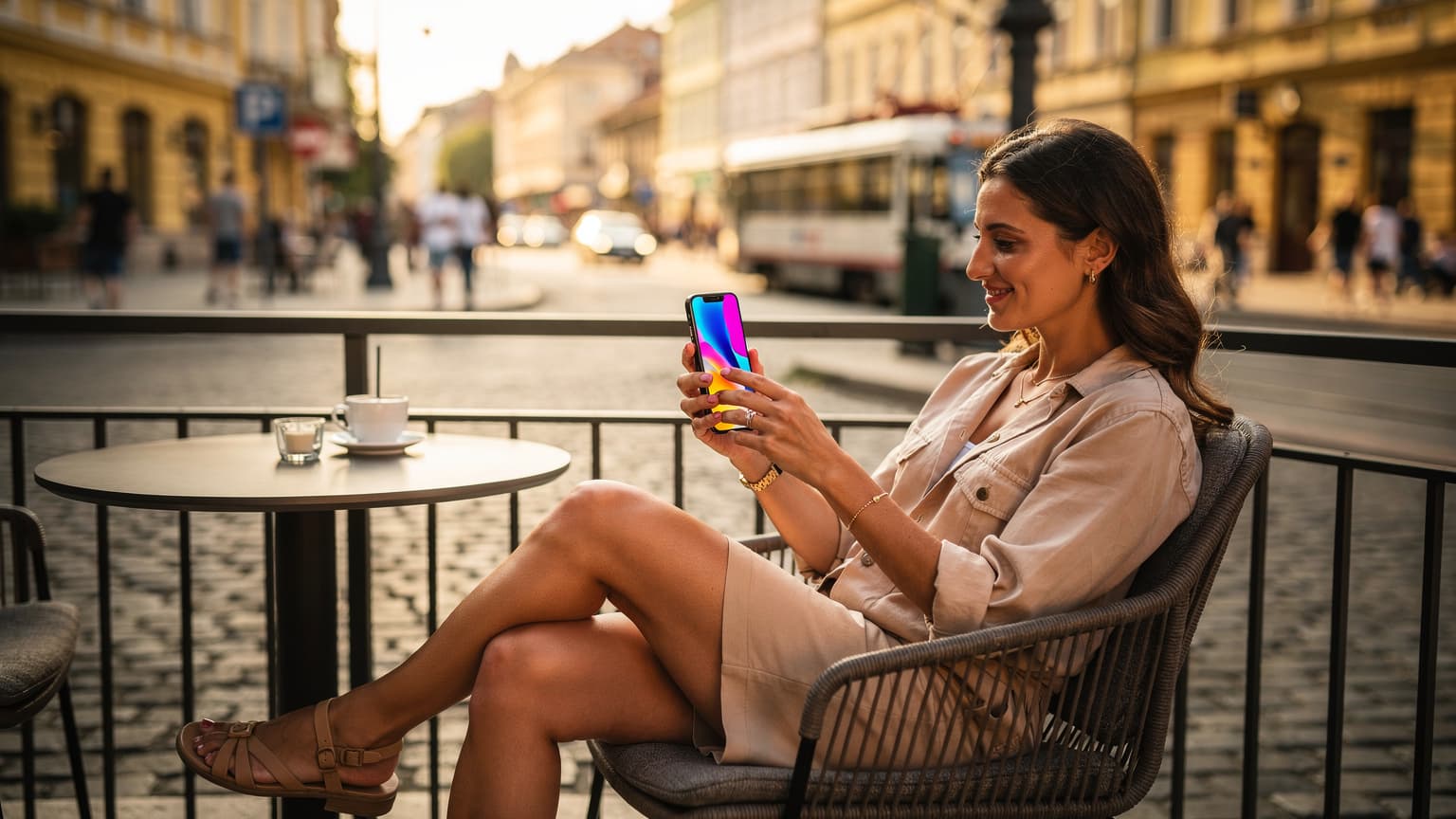 Жена, усмихната и доволна, проверява своя iPhone 18 с активирана eSIM, докато седи на тераса с изглед към оживената улица Гурко в София, България, на фона на залеза.