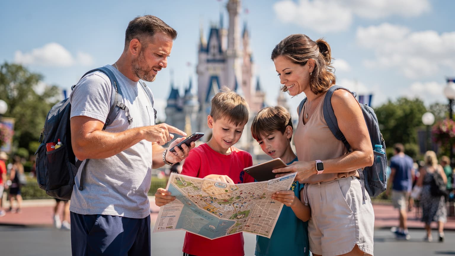 A family, including two children aged around 8 and 10, looking at a map and a smartphone screen together in front of the iconic Cinderella Castle at Walt Disney World in Orlando, Florida, on a sunny day.