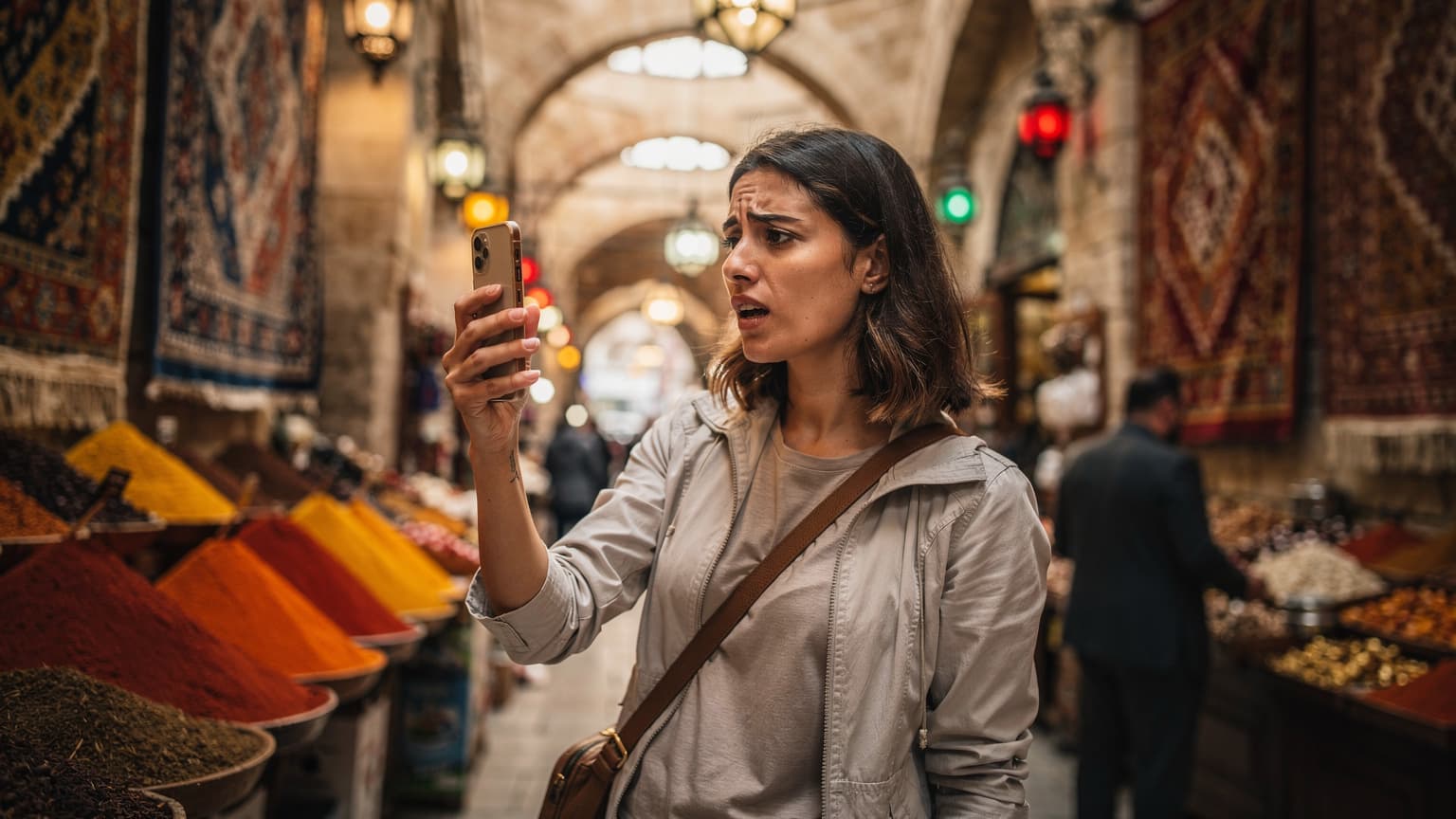 Μια γυναίκα με ένα smartphone στο χέρι, κοιτάζει προβληματισμένη την οθόνη, ενώ στέκεται σε ένα πολυσύχναστο παζάρι στην Κωνσταντινούπολη, με πολύχρωμα μπαχαρικά και υφάσματα στο παρασκήνιο.