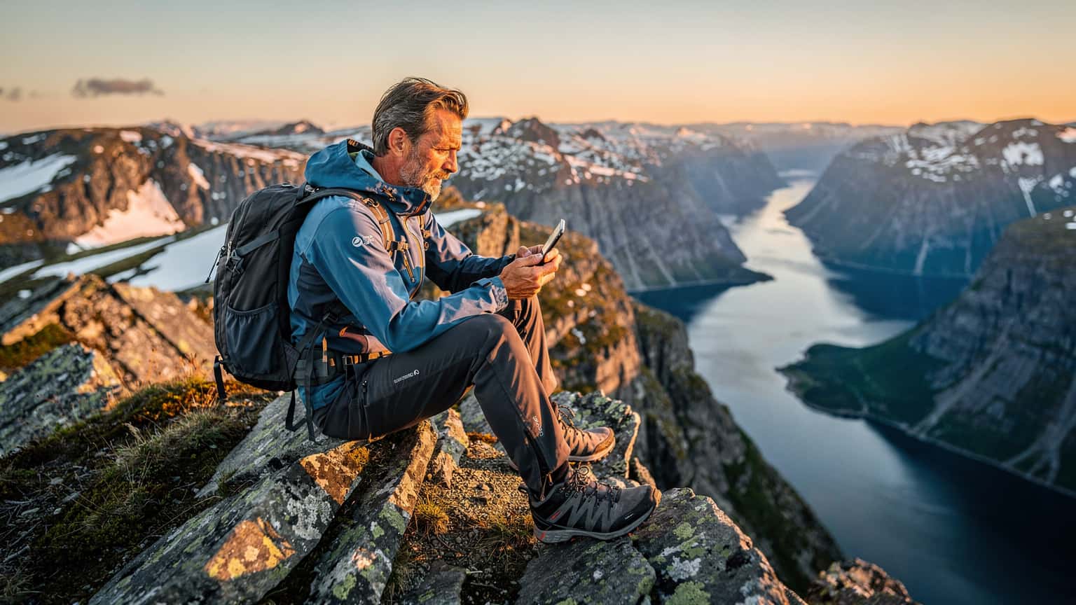 En mann i turbekledning sitter på en fjelltopp i Norge, ser utover et fantastisk landskap med fjorder og fjell, mens han holder en smarttelefon og sjekker dekning, med sollys som treffer ansiktet.