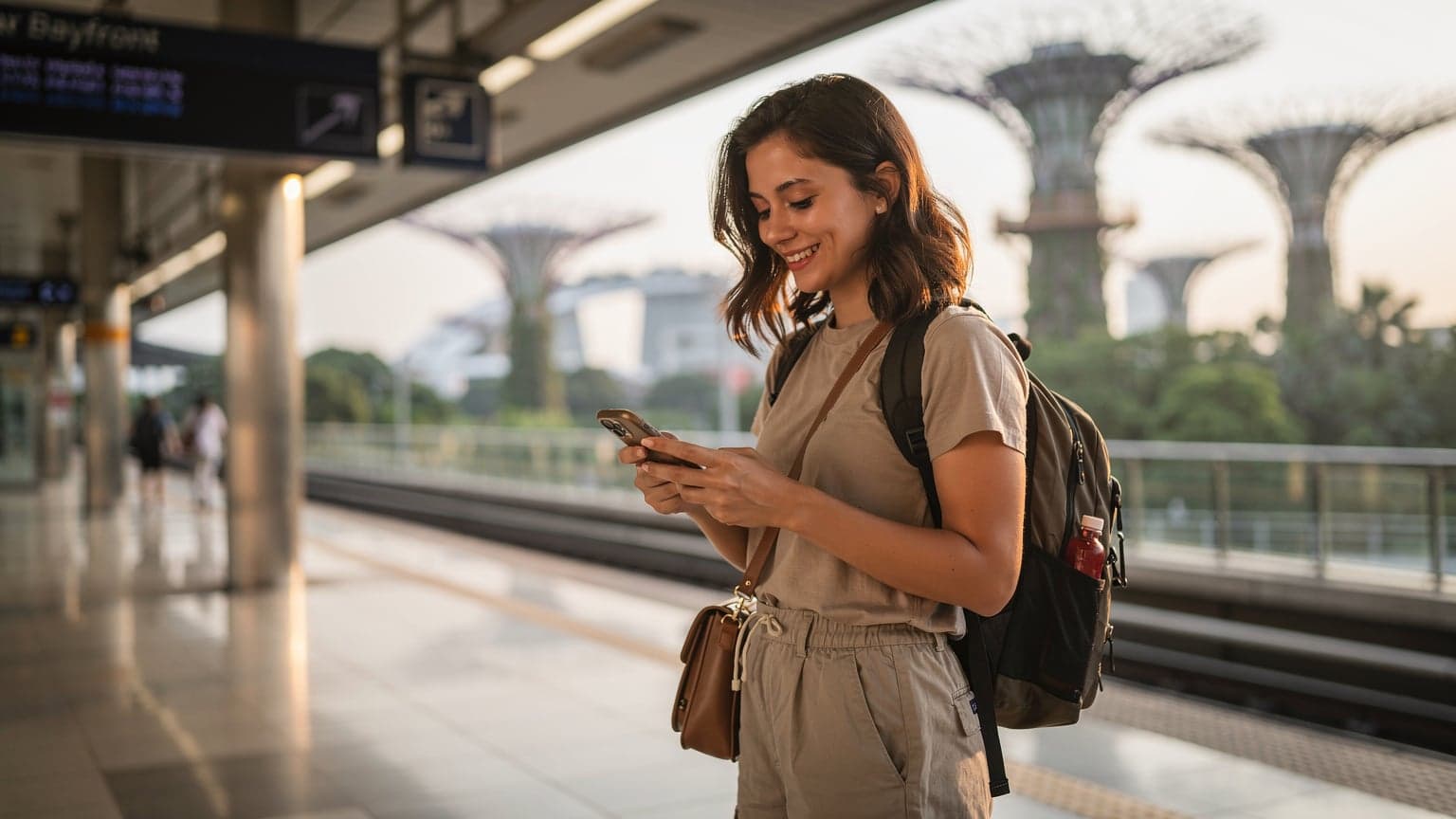 Seorang pengembara muda sedang menavigasi telefon pintarnya di stesen MRT Bayfront, Singapura, dengan latar belakang Gardens by the Bay.