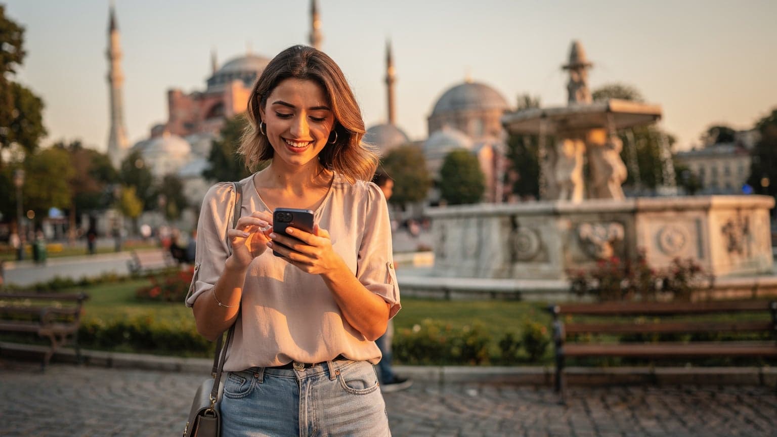 O tânără călătoare zâmbește, verificându-și telefonul cu un eSIM activ în zona istorică Sultanahmet din Istanbul, având în fundal silueta Hagiei Sofia la apus.