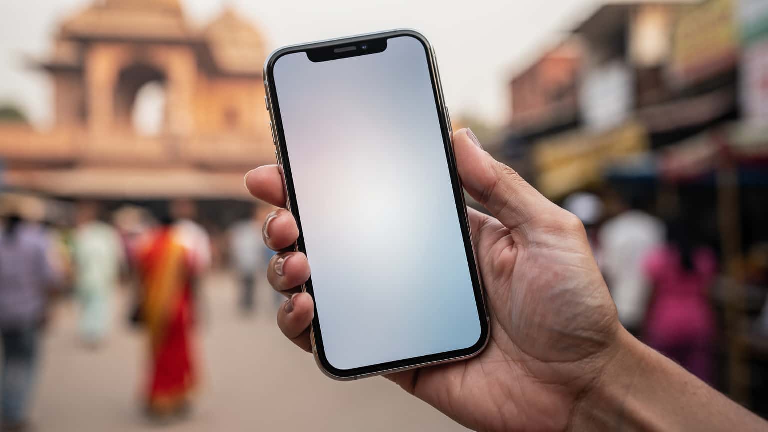 A person's hand holding a modern smartphone against a blurred background of an Indian travel scene, symbolizing seamless connectivity for travelers.