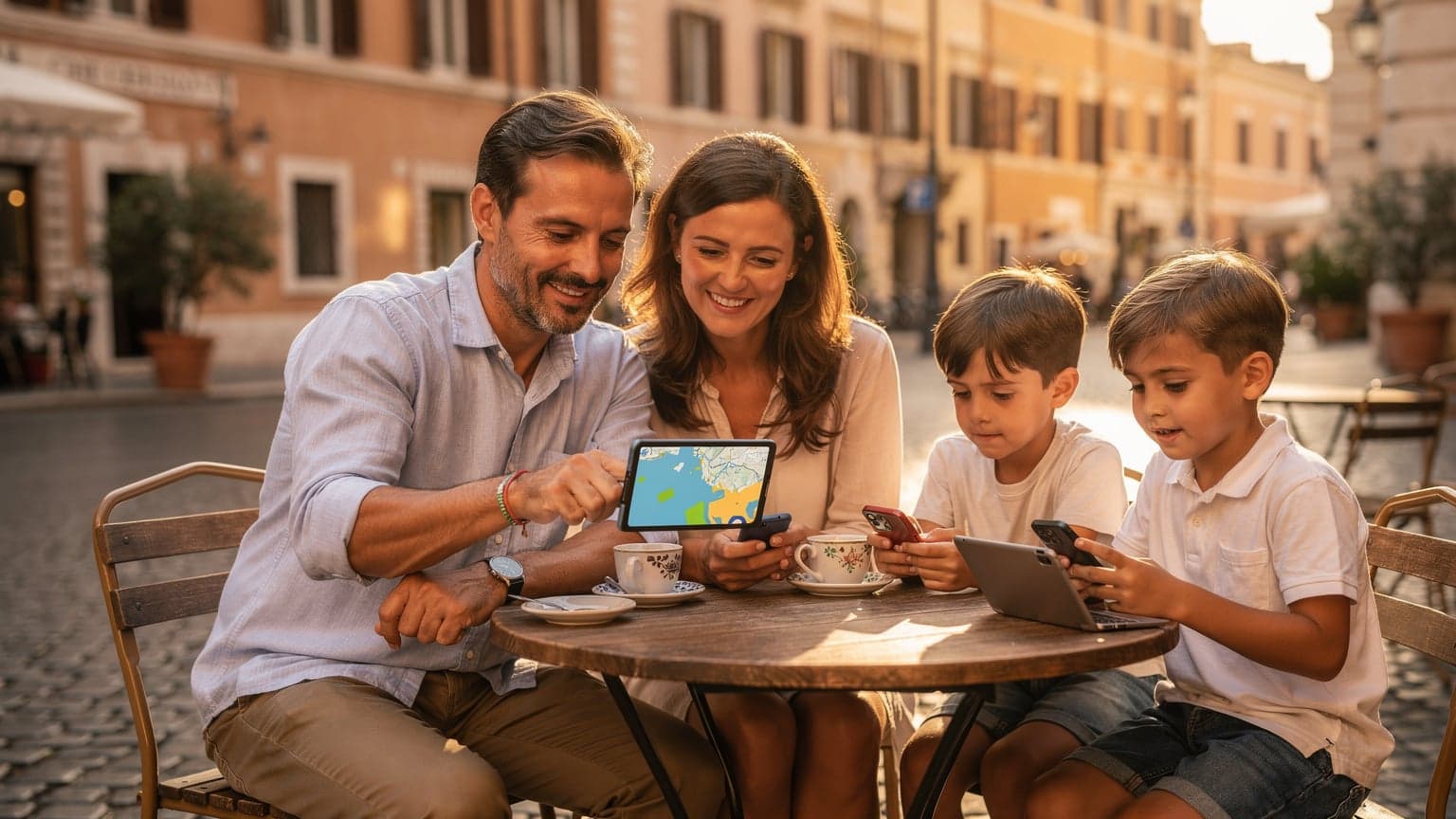 Eine deutsche Familie mit zwei Kindern, 8 und 11 Jahre alt, sitzt entspannt an einem Tisch in einem sonnigen Café in Rom, Italien, und blickt auf ihre Smartphones und Tablets. Der Vater zeigt auf eine Karte auf seinem Gerät.