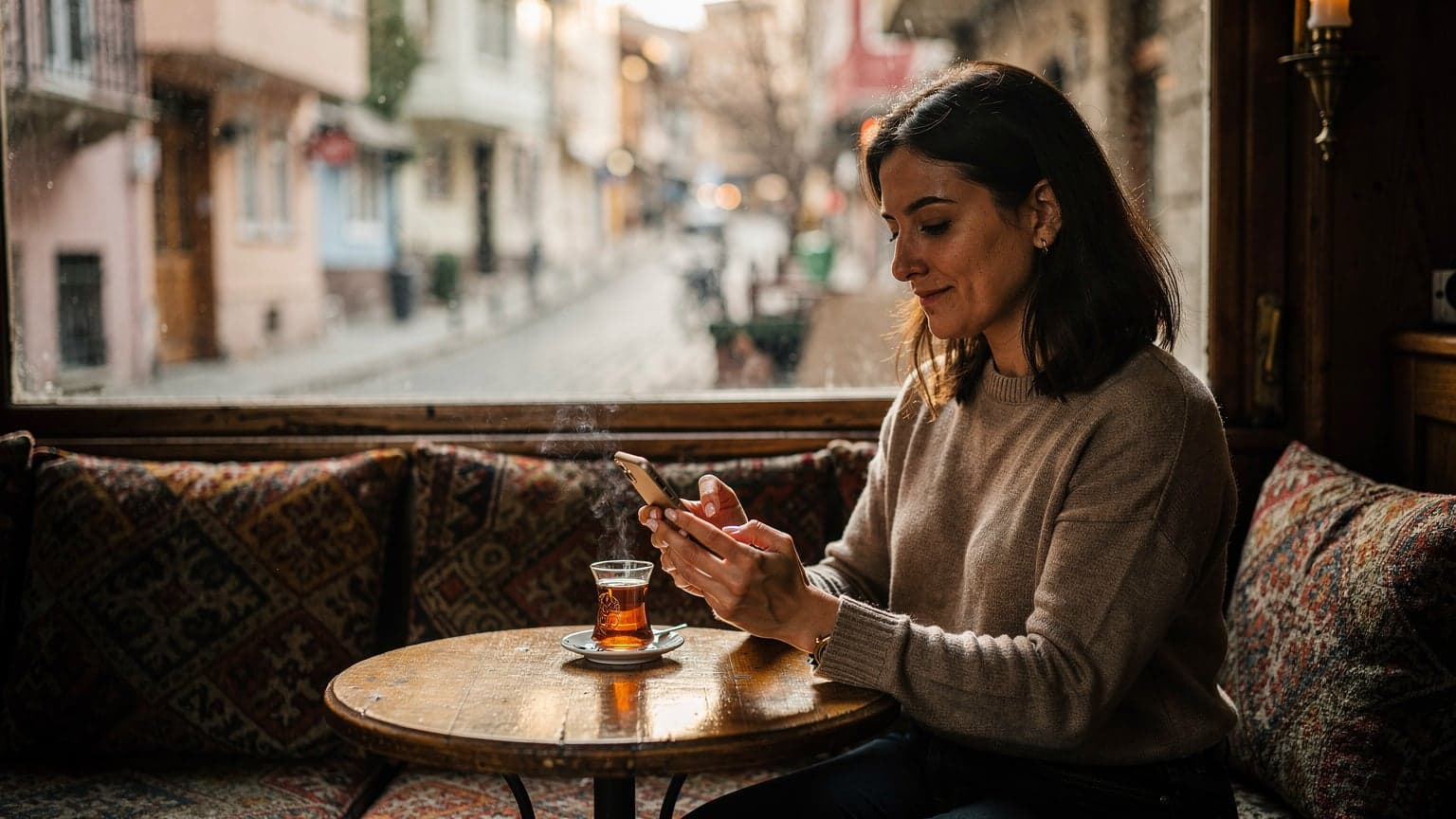 İstanbul'da bir kafede oturan, elinde telefon tutan ve WhatsApp uygulamasını kullanan bir kadın.