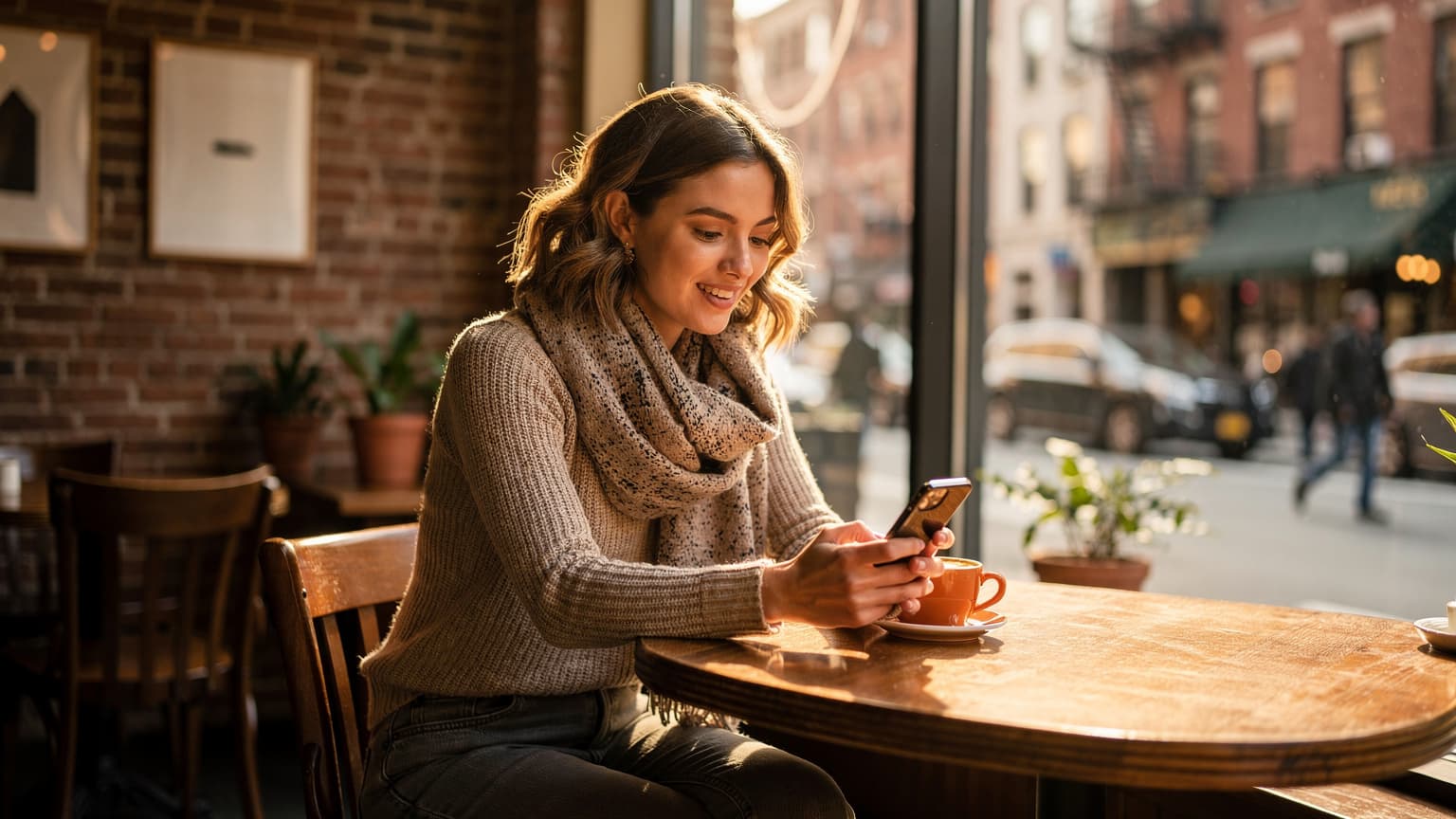 Žena sedící v kavárně v newyorské čtvrti SoHo, prohlížející si svůj telefon a usmívající se, s pouliční scénou v pozadí.