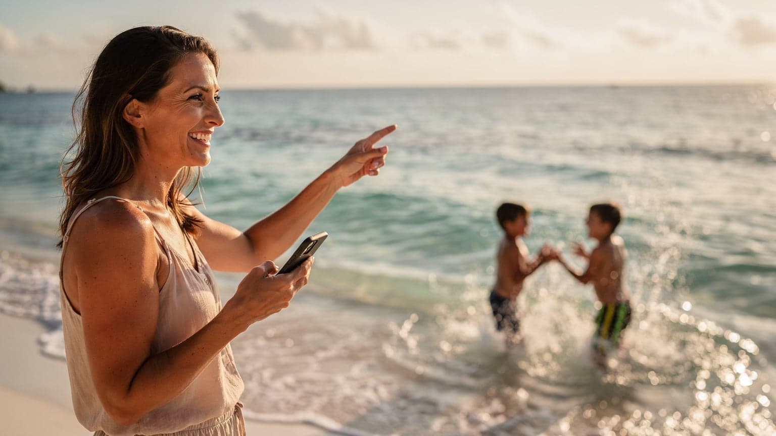 Seorang ibu tersenyum sambil memegang ponsel di tangan, menunjuk ke arah pantai berpasir putih di Gili Trawangan, dengan anak-anaknya bermain air di latar belakang.