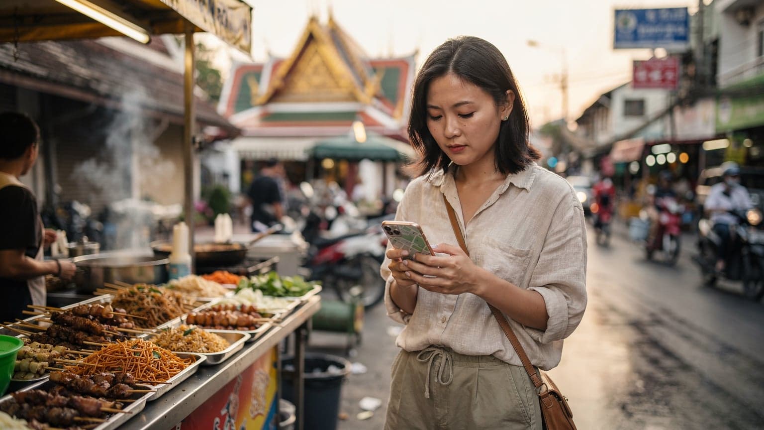 一名中国女性游客在曼谷街头使用手机查看地图,背景是繁忙的街市和当地特色建筑。