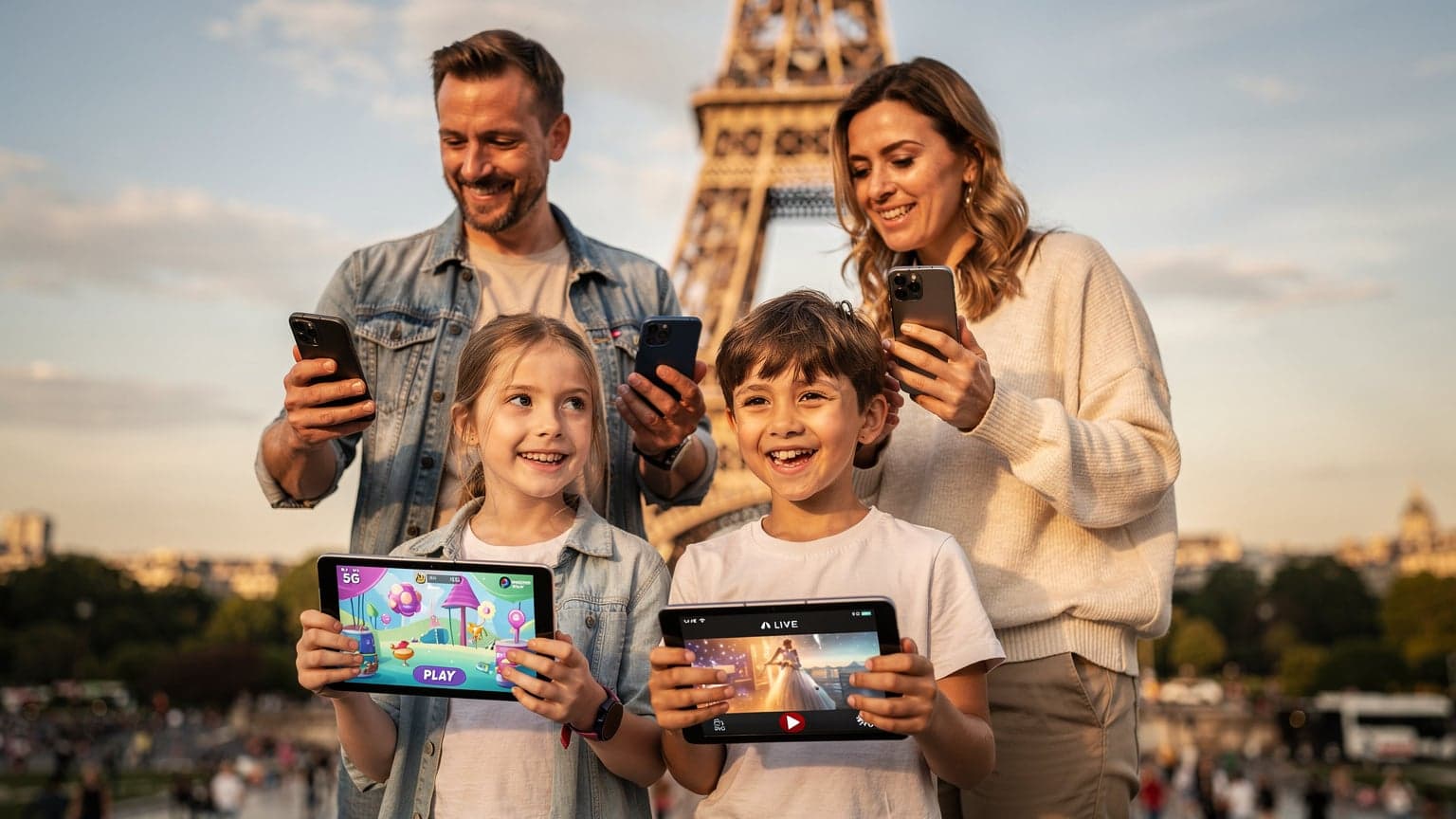 Une famille avec deux enfants et leurs parents, souriants, devant la Tour Eiffel à Paris, tous connectés à leurs smartphones et tablettes, consultant des cartes numériques et des horaires d'événements sportifs.