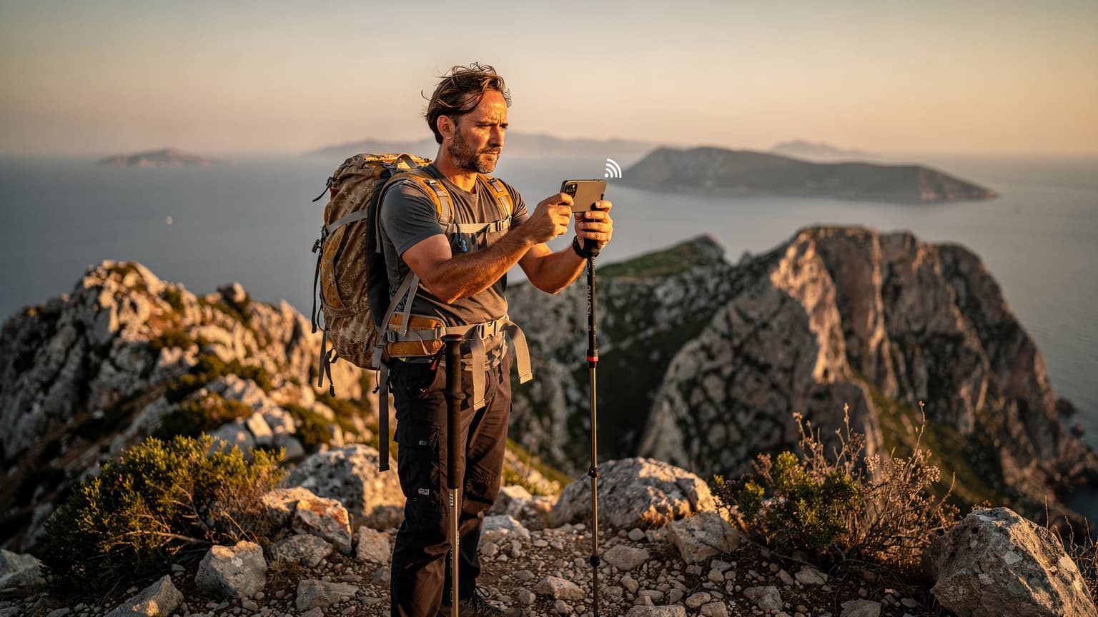 Ένας πεζοπόρος με σακίδιο πλάτης στέκεται στην κορυφή ενός βουνού με θέα ένα εκπληκτικό ελληνικό τοπίο, κρατώντας ένα smartphone με οθόνη που δείχνει σήμα internet, ενώ ο ήλιος δύει στον ορίζοντα.