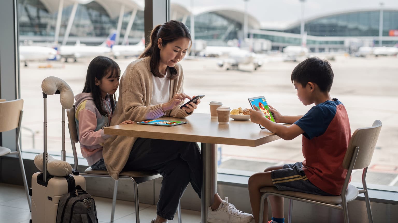 一位母親在香港國際機場的登機口附近,她的iPhone螢幕上顯示著eSIM的設置介面,兩個孩子在她身旁專注地看著iPad,背景是遠處停機坪的飛機。