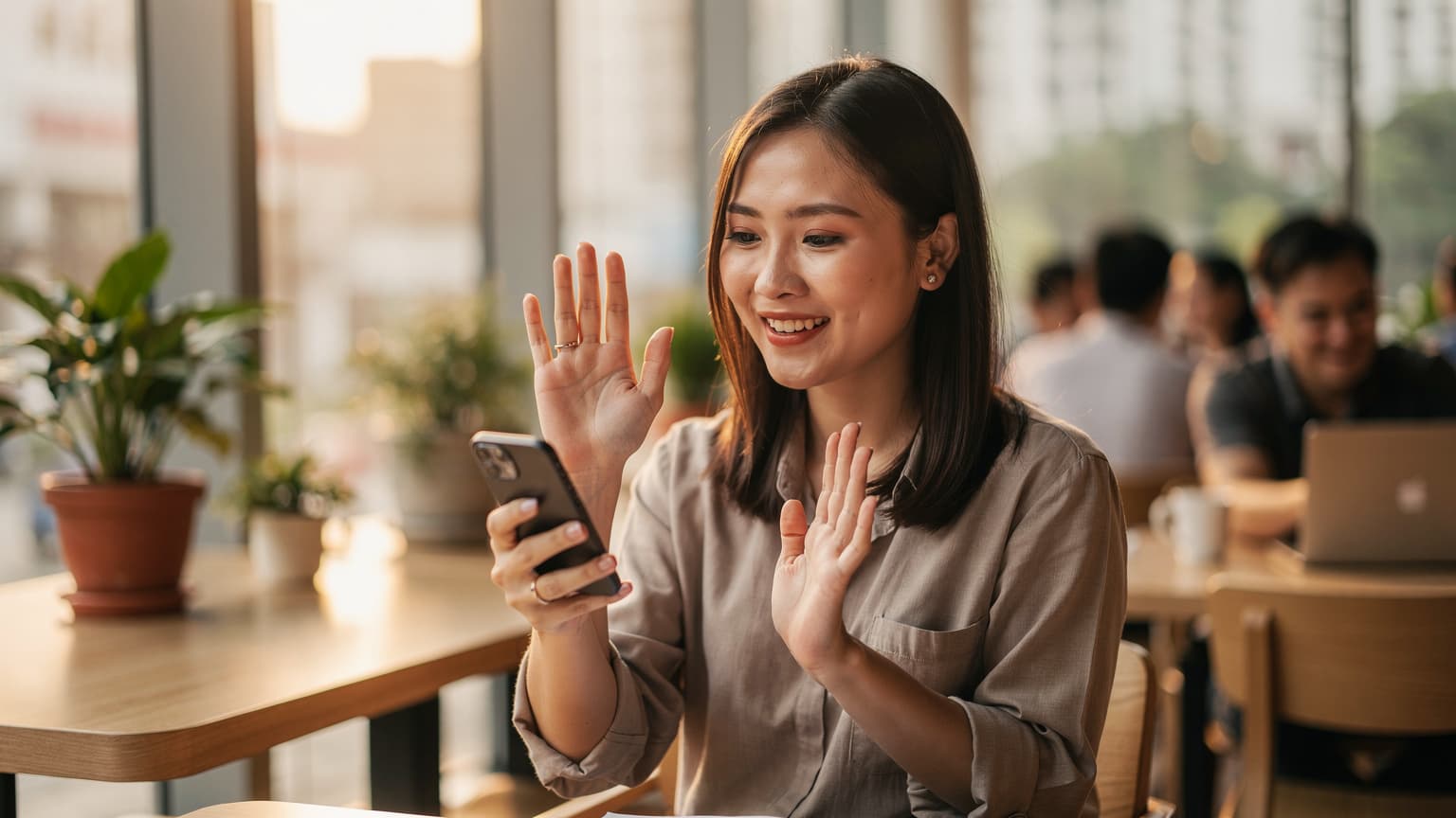 Một phụ nữ Việt Nam trẻ tuổi mỉm cười, đang thực hiện cuộc gọi video với gia đình qua điện thoại tại một quán cà phê hiện đại ở Singapore, xung quanh là những món ăn nhẹ và ly cà phê sữa đá.