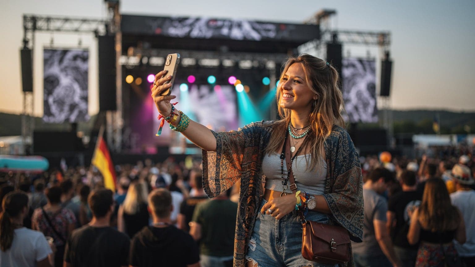 Eine junge Frau auf einem Musikfestival in Deutschland, umgeben von Menschen, die lächelt und ihr Smartphone hochhält, um ein Foto oder Video aufzunehmen, mit einer Bühne und Lichtern im Hintergrund.
