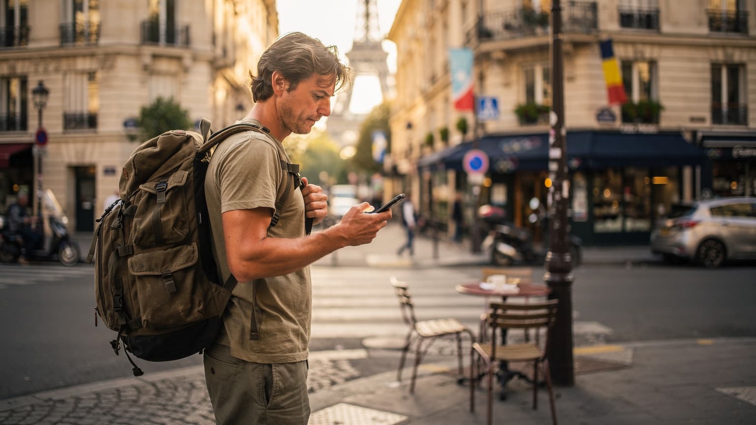 A backpacker checks their phone for directions near the Eiffel Tower, with Olympic rings subtly visible in the distance, bathed in late afternoon sunlight.