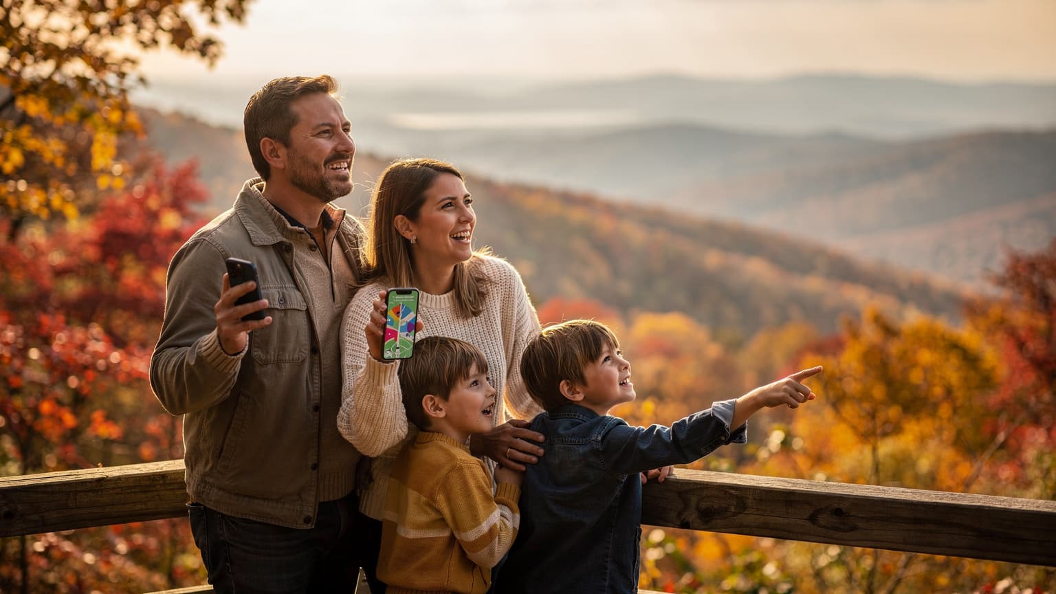 A family, parents and two children aged around 8 and 10, standing on a scenic overlook, admiring vibrant autumn foliage in the Appalachian Mountains, with a smartphone in the father's hand showing a map.