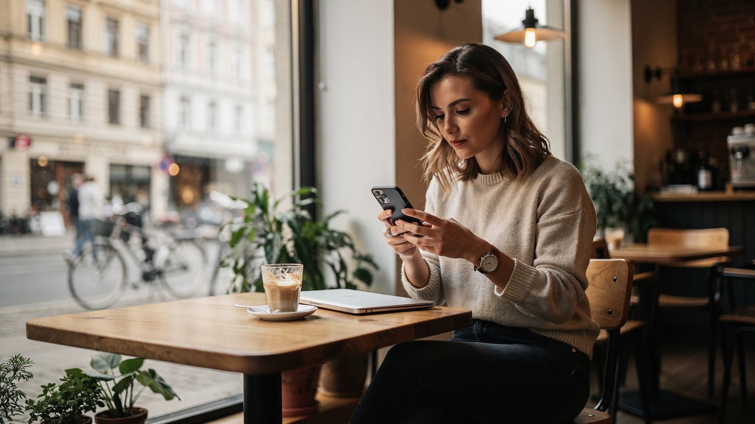 Eine junge Frau sitzt entspannt in einem Berliner Café im Scheunenviertel, blickt auf ihr Smartphone und genießt einen Kaffee, während sie eine eSIM aktiviert.