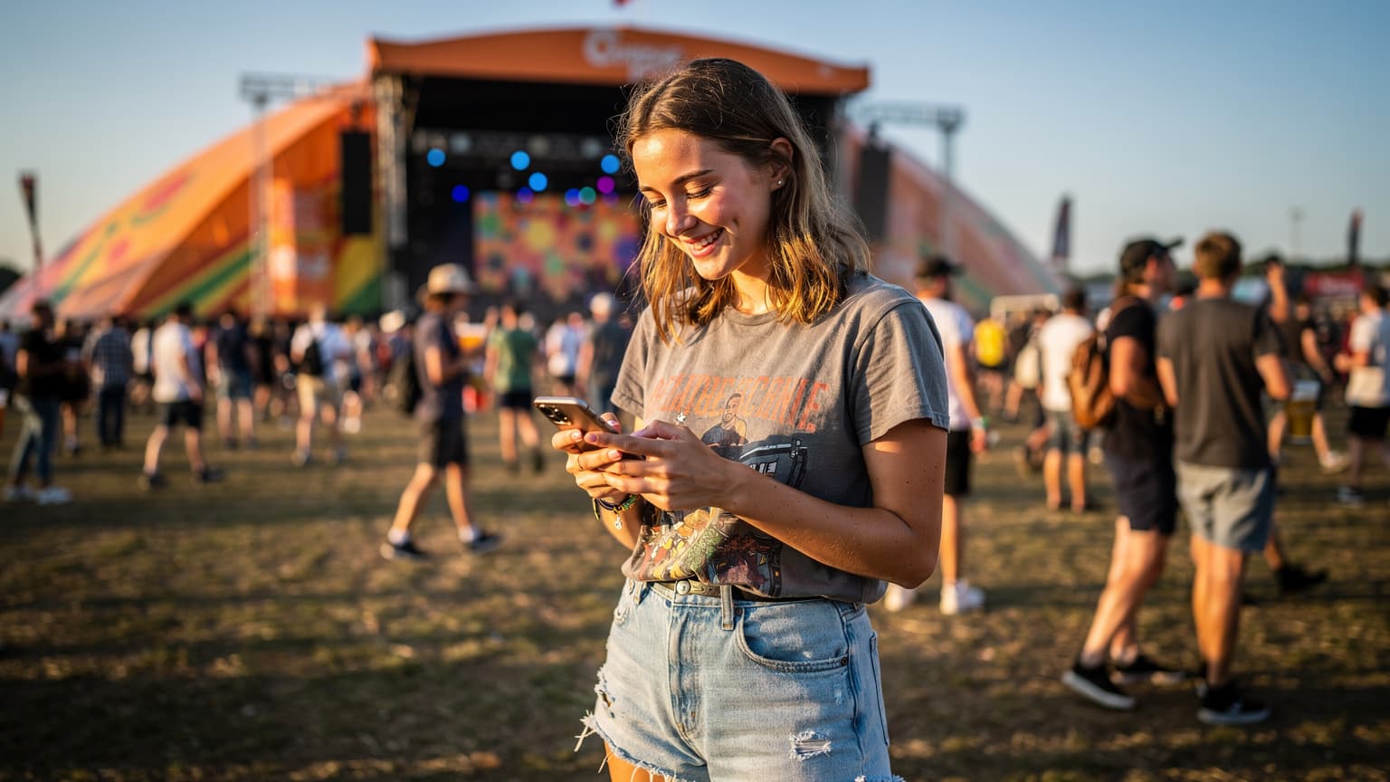 En ung kvinde smiler, mens hun tjekker sin telefon på en travl festivalplads med et stort telt i baggrunden under en klar sommerhimmel.