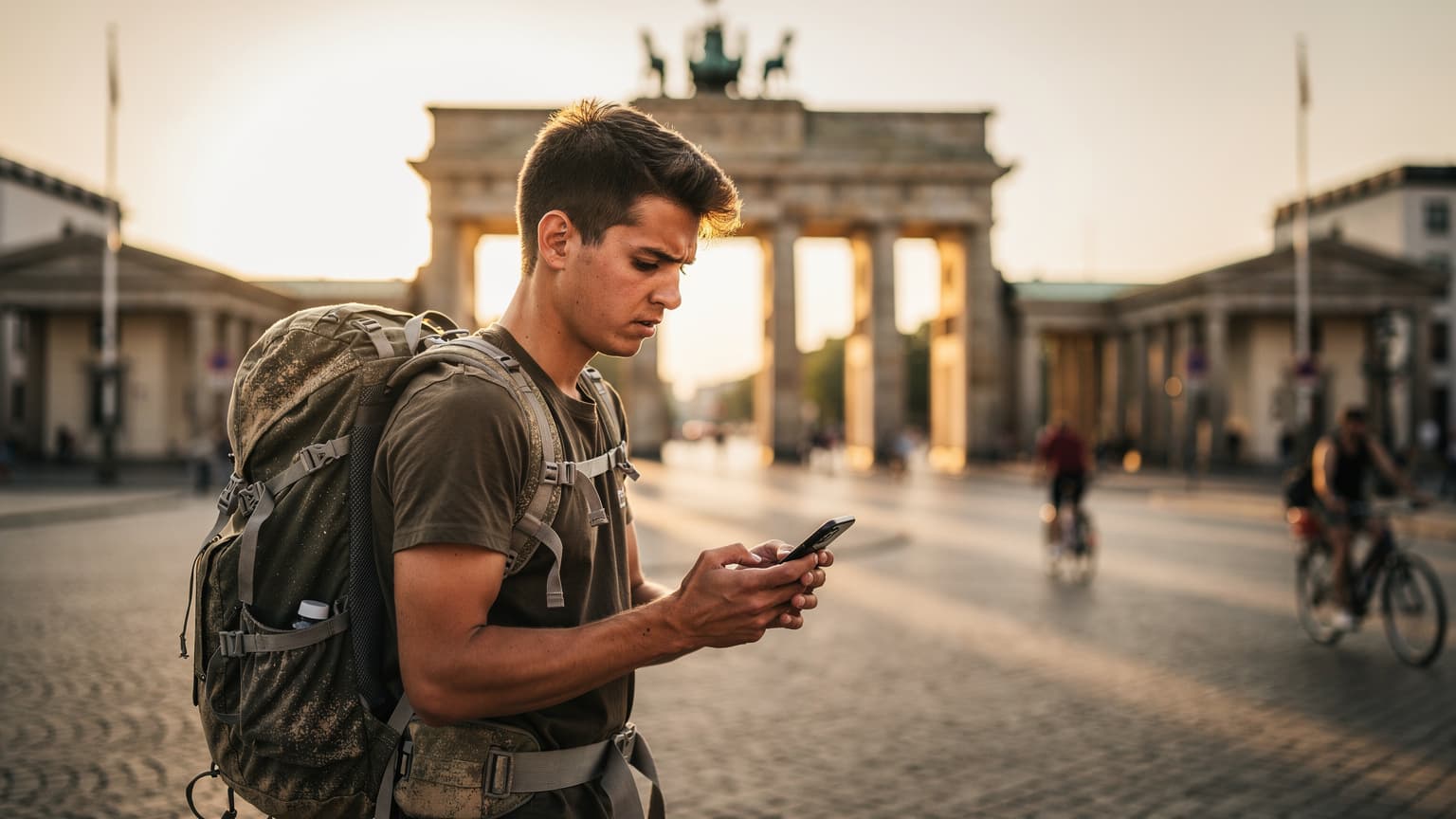 A young backpacker standing in front of the Brandenburg Gate in Berlin, Germany, checking their phone for directions with a determined expression.