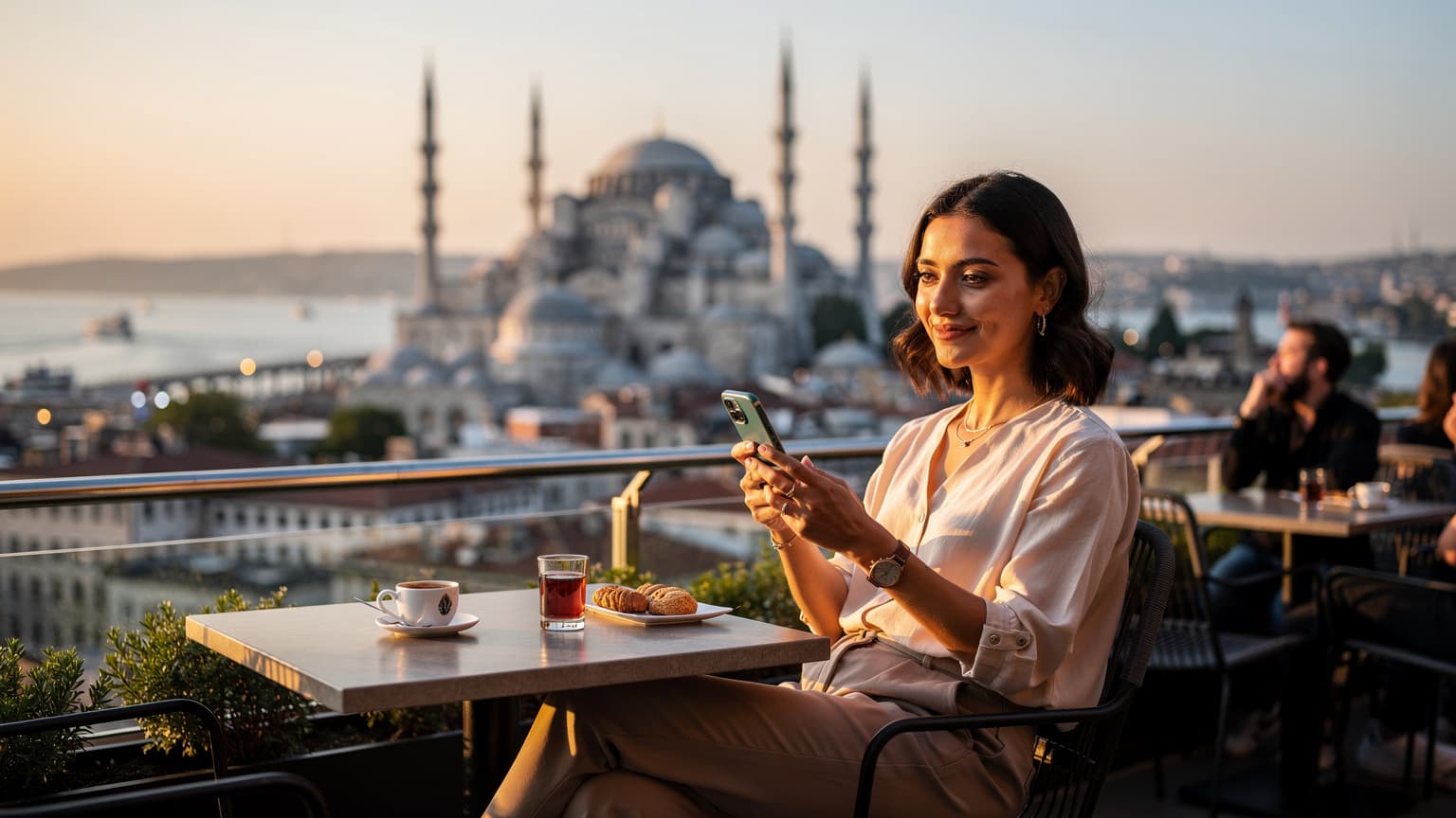 Eine Frau sitzt entspannt an einem Tisch in einem Rooftop-Café in Istanbul, im Hintergrund sind die Dächer der Stadt und das glitzernde Wasser des Bosporus bei Sonnenuntergang zu sehen, sie hält ein Smartphone in der Hand.