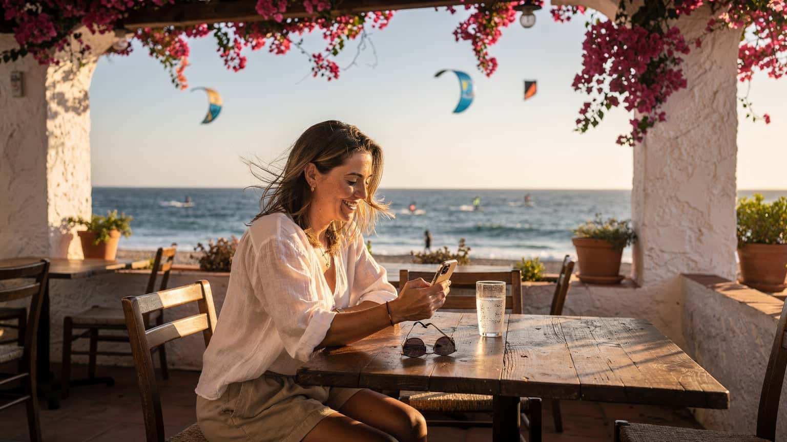 Una mujer sonriente, sentada en una terraza costera en Tarifa, España, revisa su teléfono mientras una brisa suave mueve su cabello y el mar Mediterráneo se extiende al fondo.