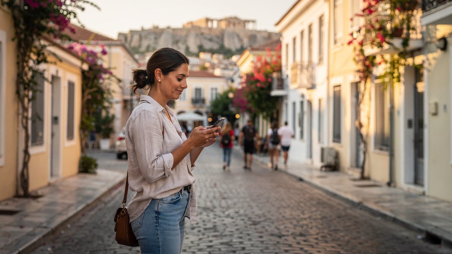 A woman confidently navigating her smartphone for directions in the historic Plaka district of Athens, with the Acropolis visible in the background.