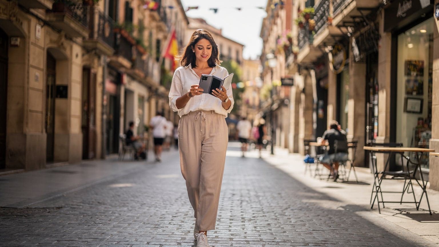 Una mujer joven, con un Samsung Galaxy Z Fold6 plegado en su mano, navegando por una calle animada en el barrio de Gràcia en Barcelona, con edificios modernistas de fondo.