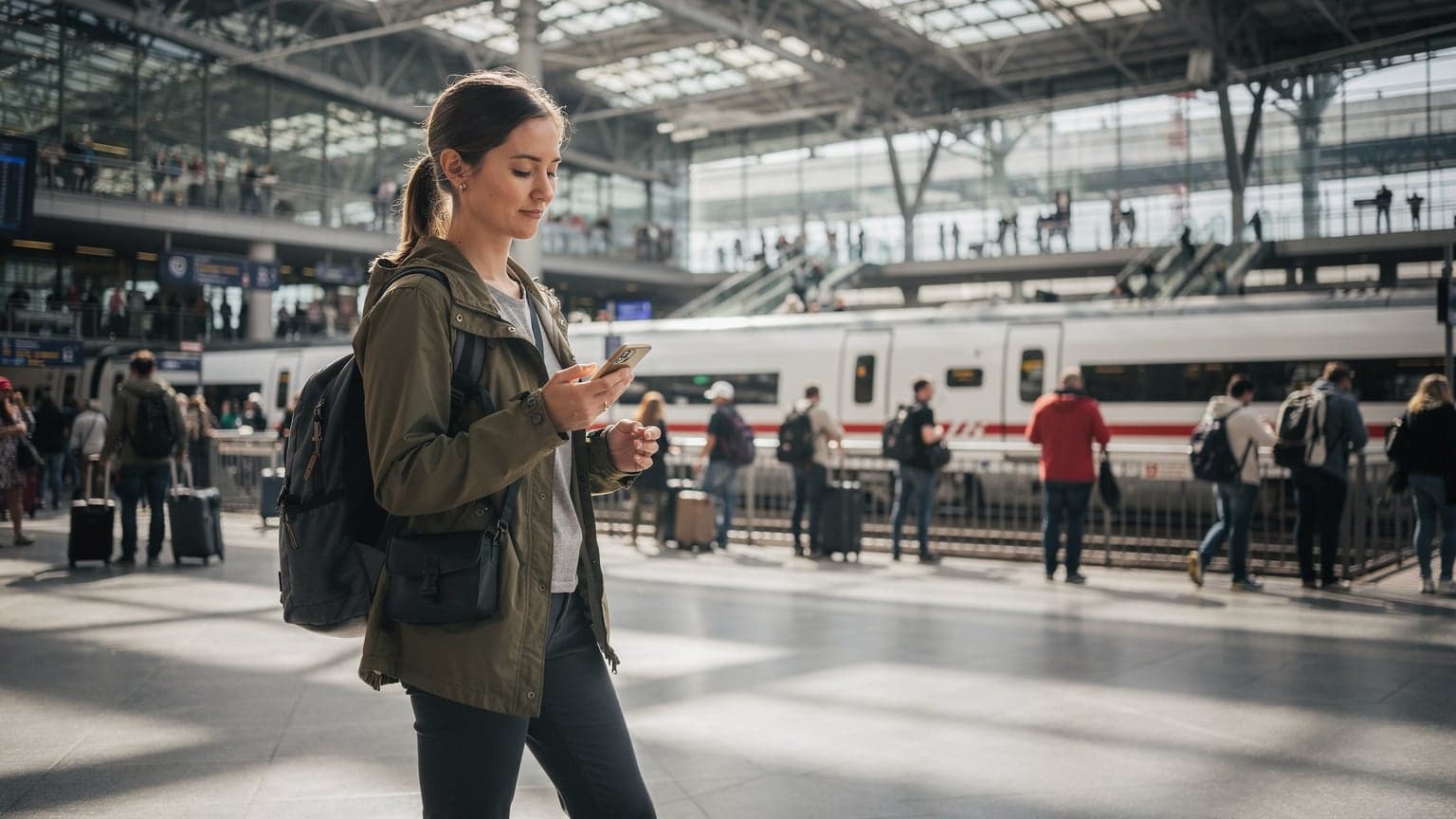 A woman confidently navigating a bustling train station in Berlin, Germany, checking her phone for directions with a large, modern train visible in the background.