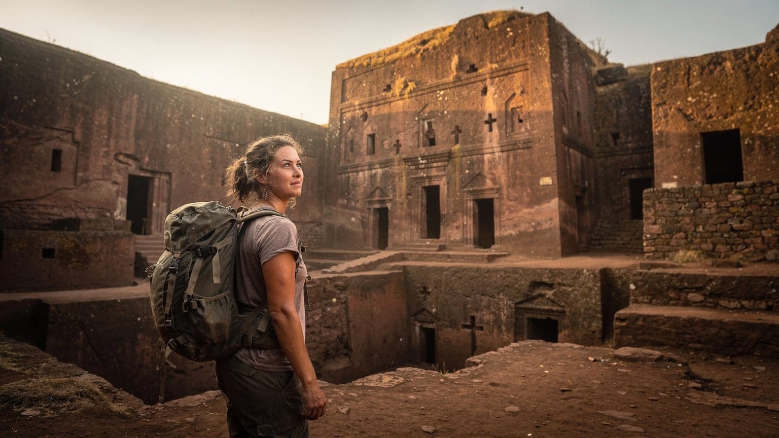 A woman with a backpack gazes at the rock-hewn churches of Lalibela, Ethiopia, bathed in the soft light of dawn.