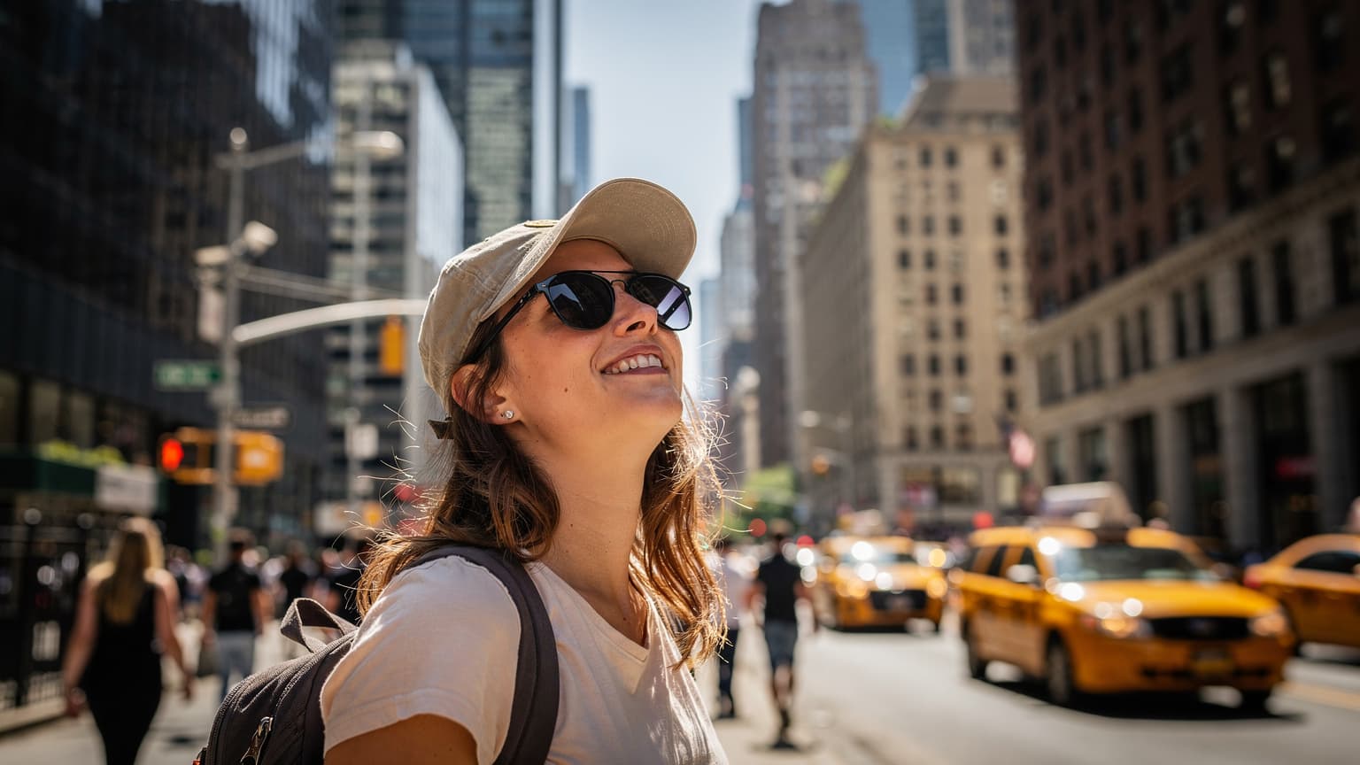 O turistă zâmbitoare, cu ochelari de soare și o șapcă, admiră zgârie-norii din Manhattan, New York, în timpul unei zile însorite de vară.