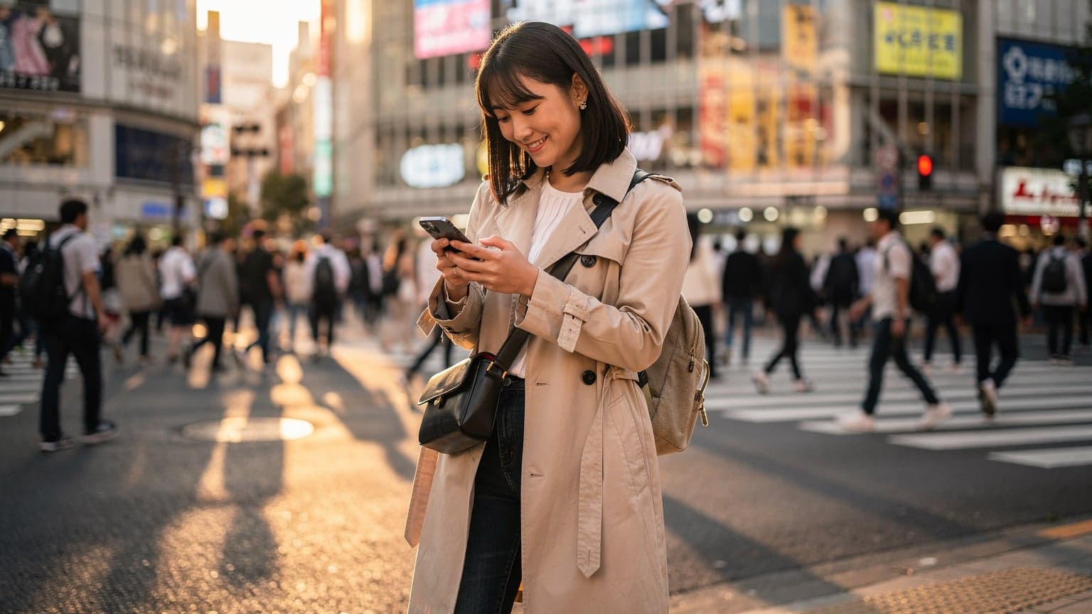 東京の新宿駅前で、旅行者がスマートフォンを片手に地図アプリを確認している様子。