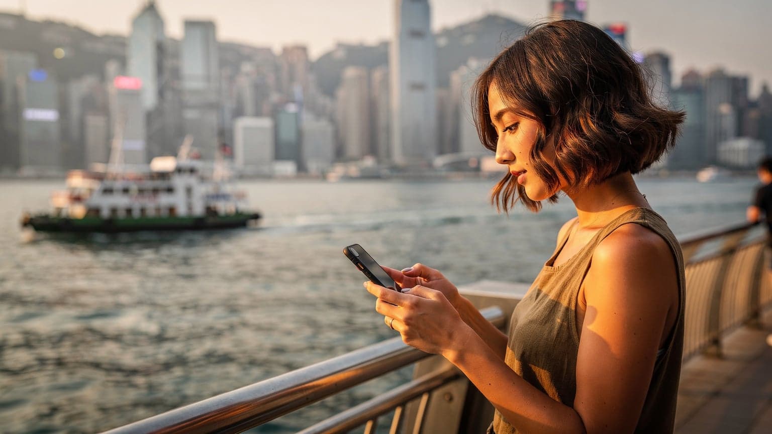 一名香港年輕女性在維多利亞港畔,手持iPhone查看eSIM設定,背景是繁忙的城市天際線和渡輪。