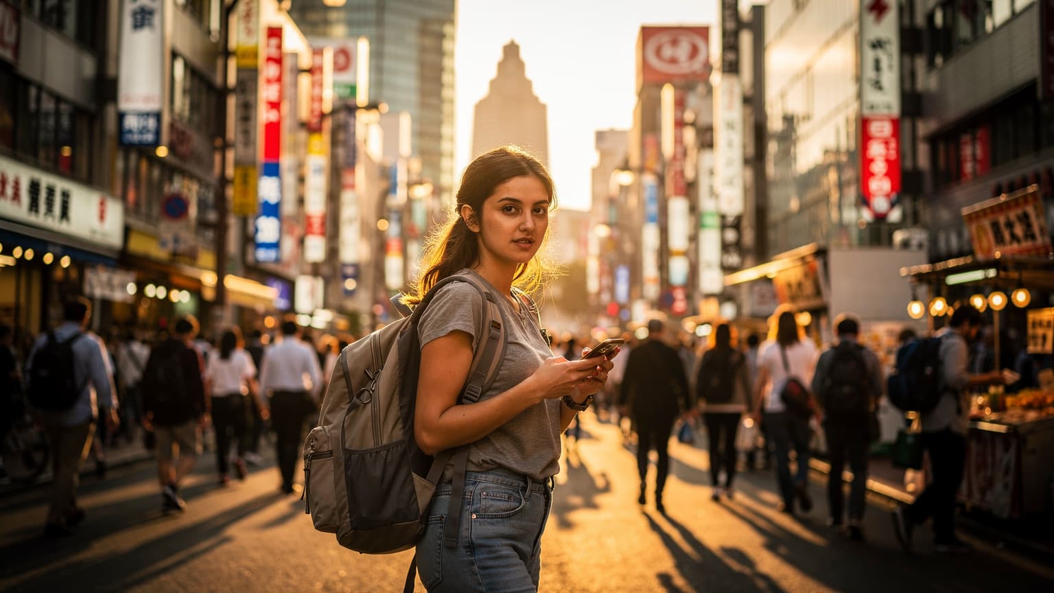 Tokyo'nun Shinjuku bölgesindeki kalabalık bir caddede, modern binalar arasında elinde akıllı telefonuyla yürüyen genç bir Türk gezgin, Japonya'nın dinamik şehir yaşamını deneyimliyor.
