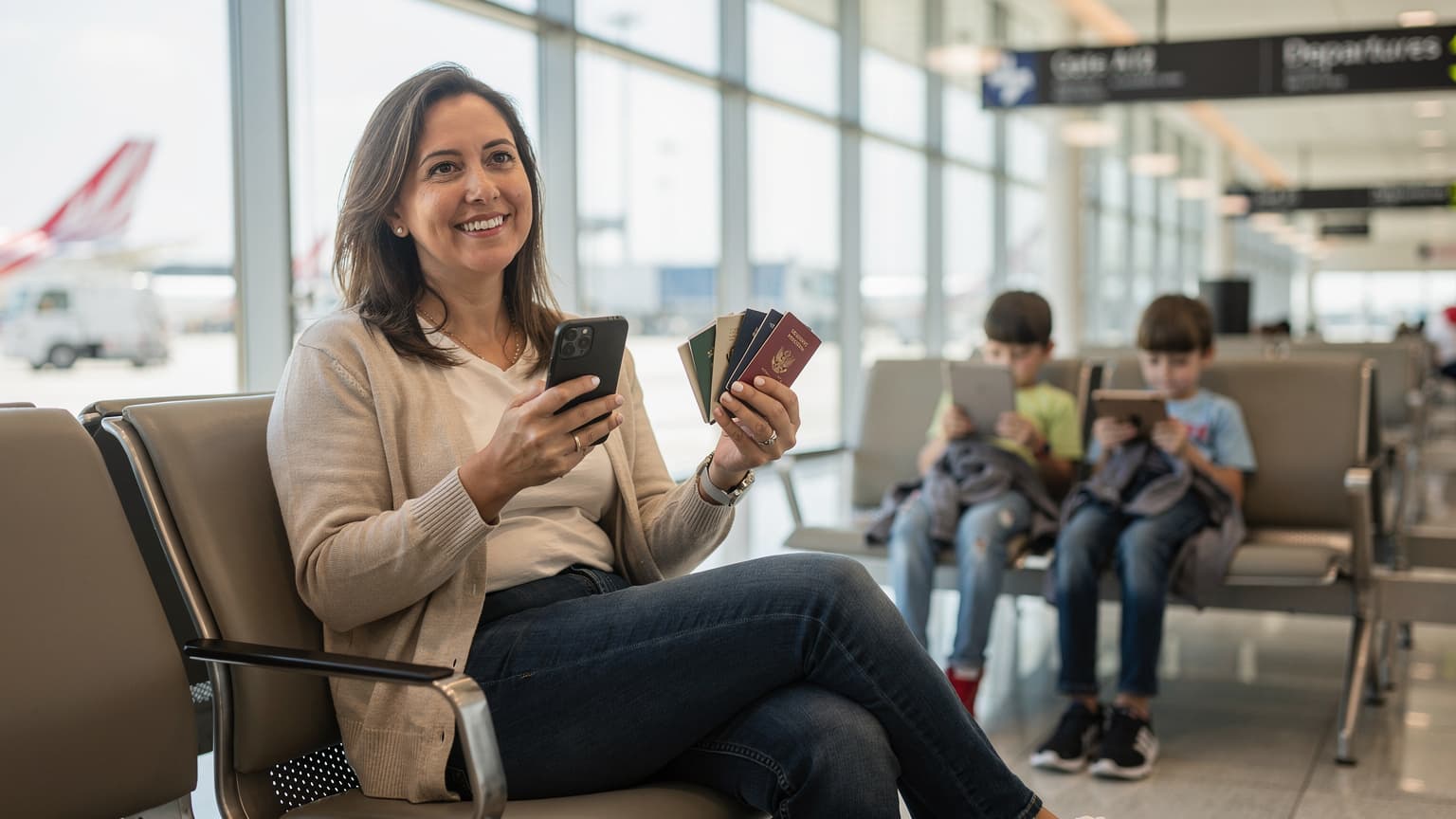 Seorang ibu tersenyum sambil memegang iPhone dan paspor di tangan, duduk santai di area keberangkatan bandara internasional Soekarno-Hatta, anak-anaknya bermain di latar belakang.