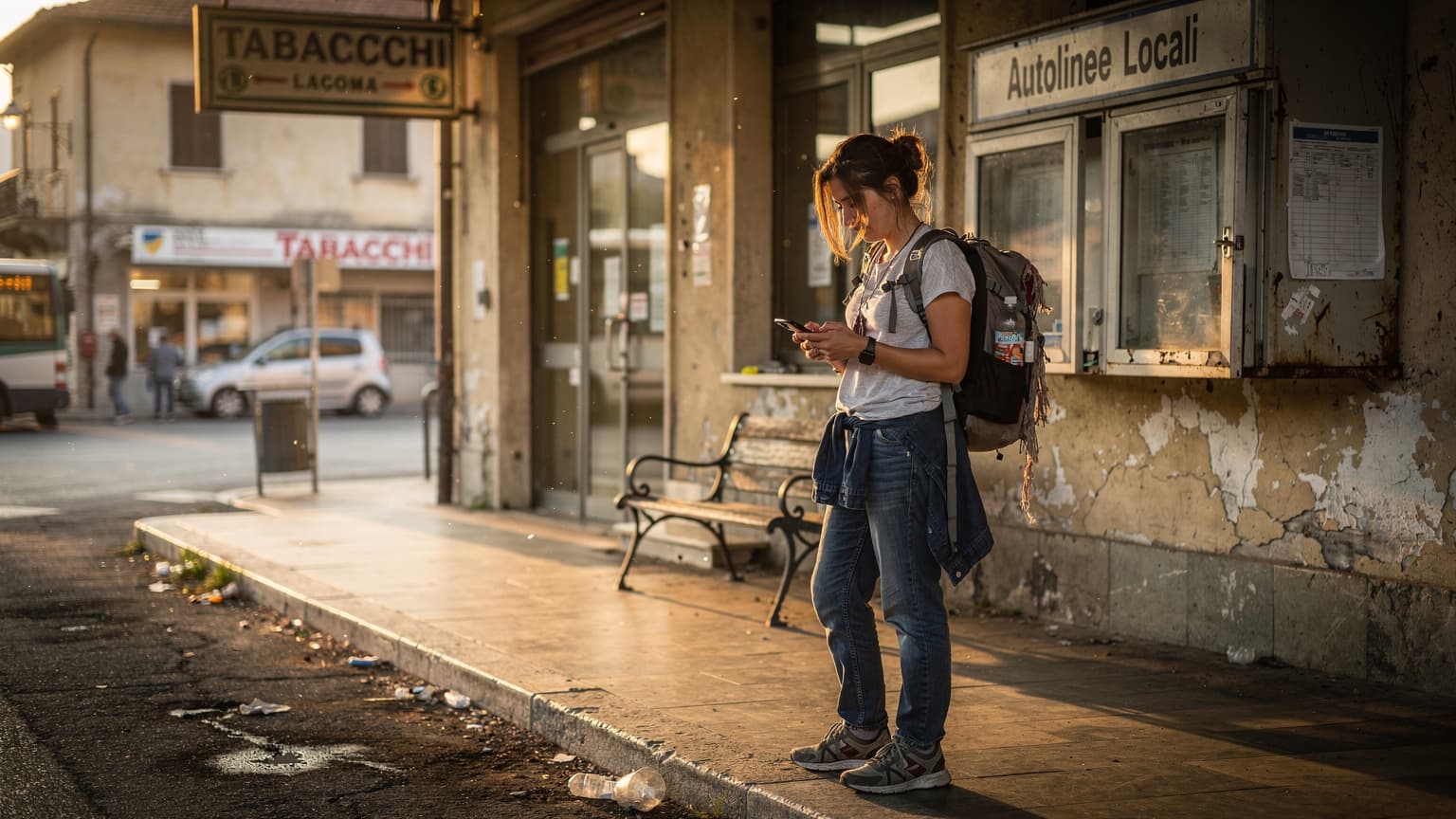 Una donna con uno zaino leggero consulta il suo smartphone mentre attende un autobus FlixBus in una stazione di provincia italiana, illuminata dalla luce calda del tramonto estivo.