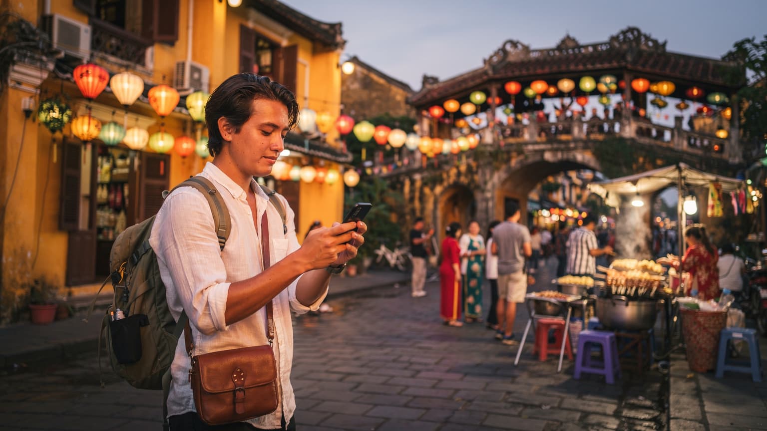 Một du khách trẻ đang sử dụng điện thoại thông minh của mình để chụp ảnh một chiếc đèn lồng truyền thống rực rỡ trong không gian lễ hội Trung thu nhộn nhịp tại khu phố cổ Hội An, Việt Nam vào buổi tối.