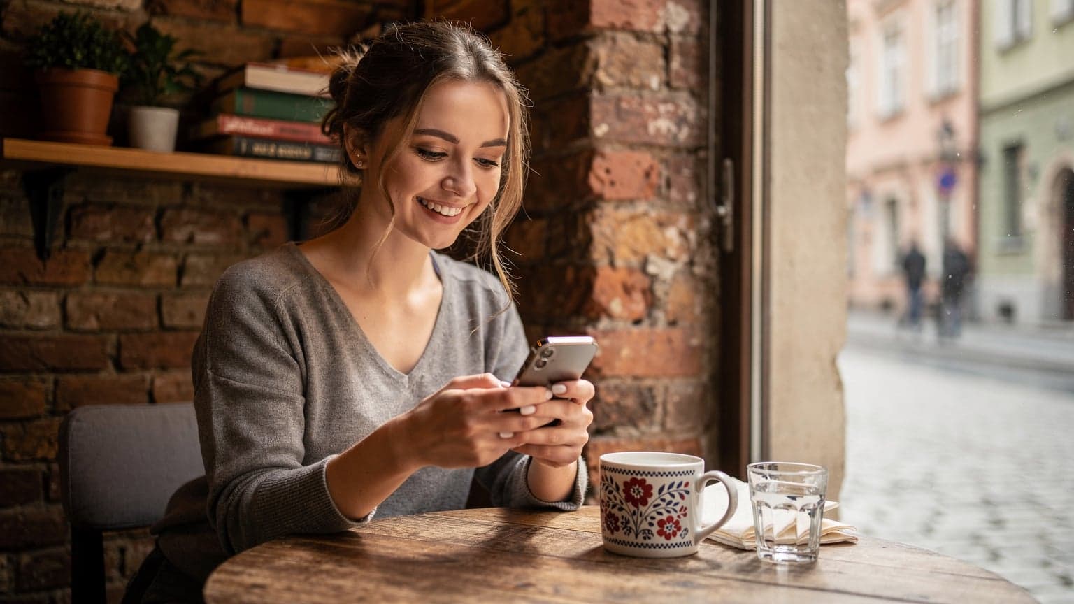 Młoda Polka, uśmiechnięta, siedzi przy stoliku w kawiarni na Starym Mieście w Krakowie, przeglądając coś na swoim nowym iPhone'ie 18, z plecakiem podróżnym u boku.