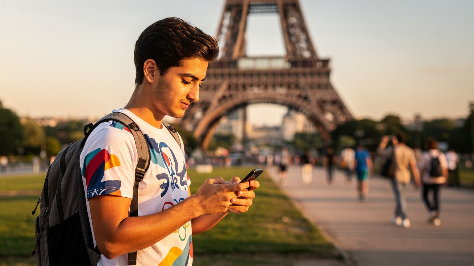 Eyfel Kulesi önünde, Paris 2026 Olimpiyatları logolu bir tişört giymiş, akıllı telefonunda eSIM kurulumu yapan genç bir Türk gezgin.