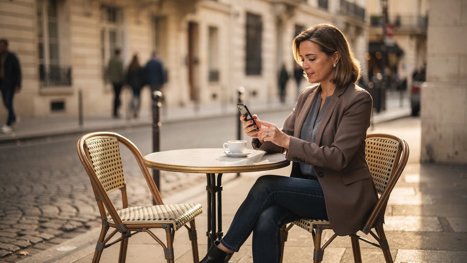 En kvinde sidder på en travl gadecaf i Marais-kvarteret i Paris, nipper til kaffe og navigerer på sin iPhone med en åben eSIM-app, mens gyldent eftermiddagslys falder ind gennem vinduet.